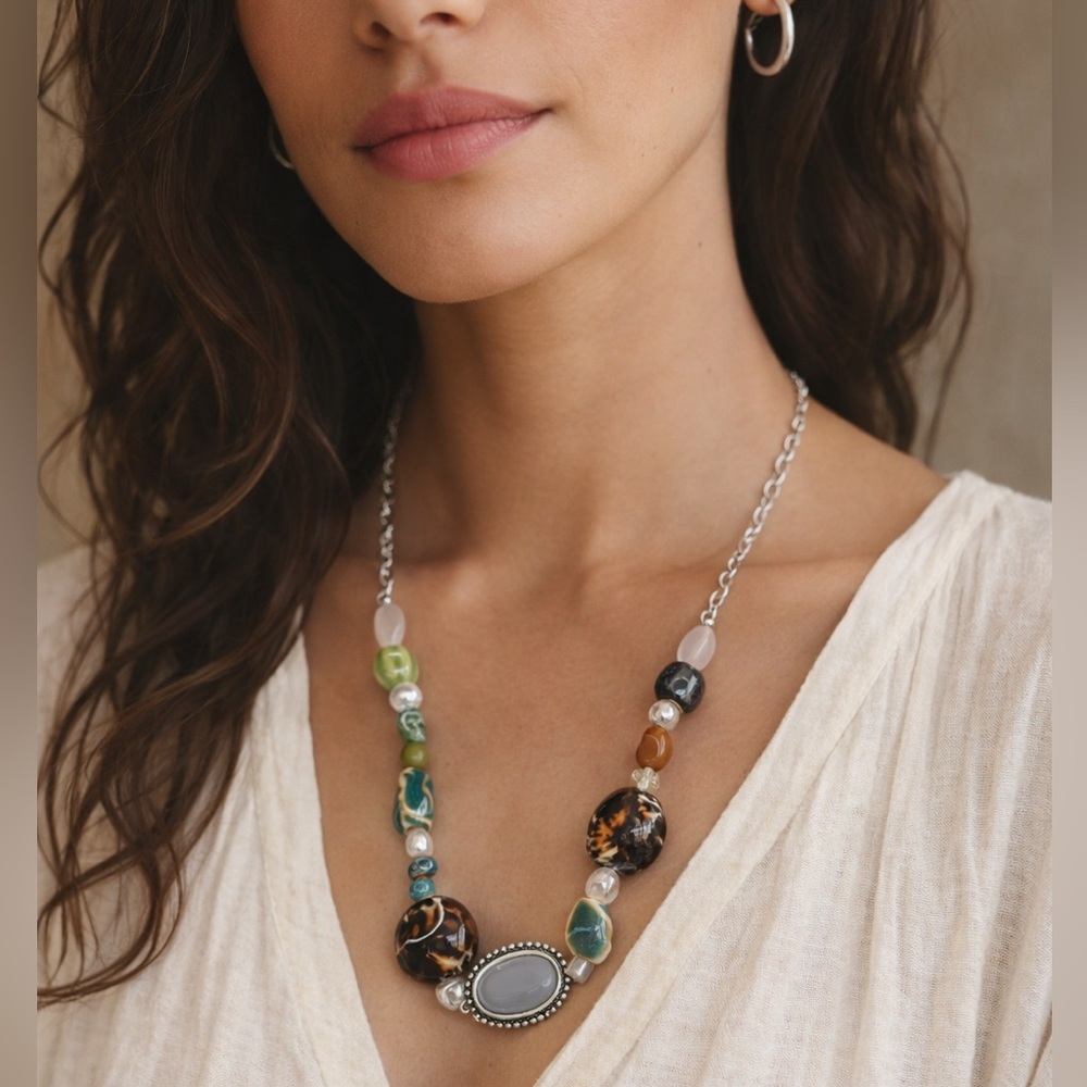 Free People Boho Beaded Statement Necklace Earth Tones Silver Chain NWT